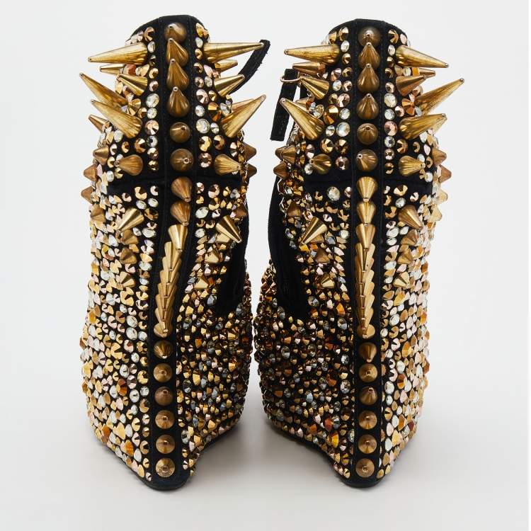 Pre Owned Giuseppe Zanotti Black Suede Crystal Embellished Spike Booties Size 38