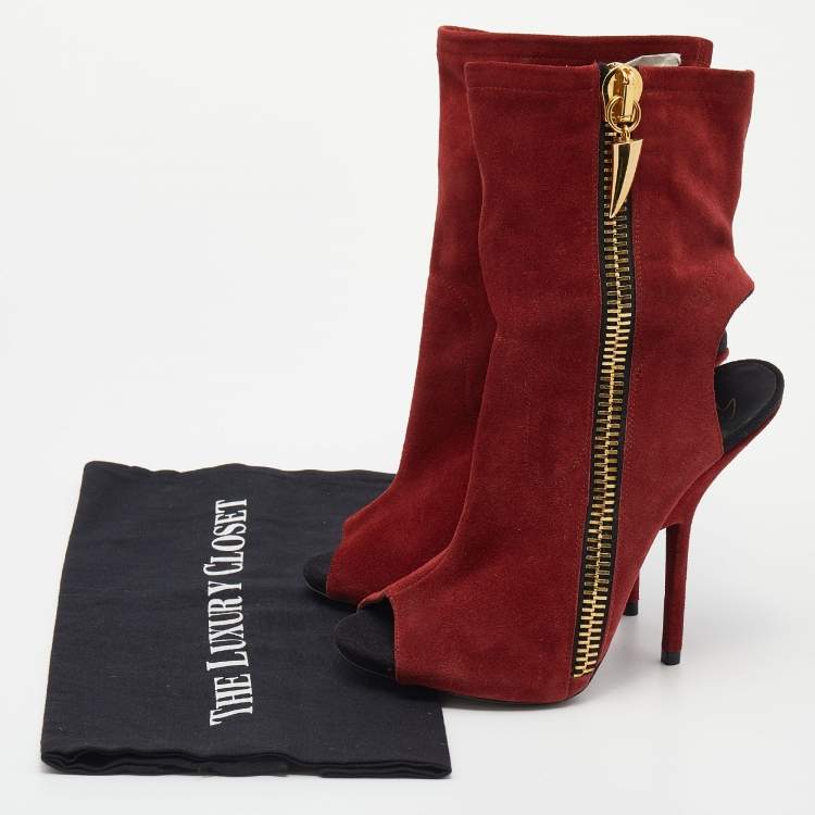Pre Owned Giuseppe Zanotti Dark Red Suede Alien Peep Toe Cut Out Ankle Boots Size 38