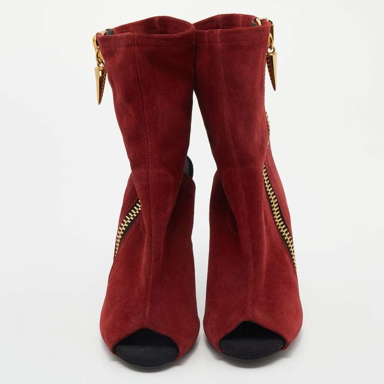 Pre Owned Giuseppe Zanotti Dark Red Suede Alien Peep Toe Cut Out Ankle Boots Size 38