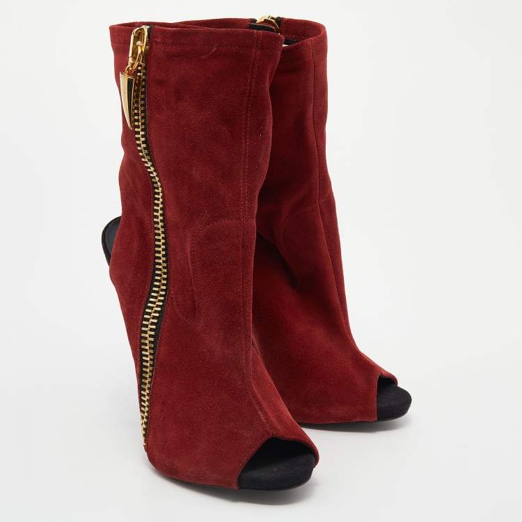 Pre Owned Giuseppe Zanotti Dark Red Suede Alien Peep Toe Cut Out Ankle Boots Size 38