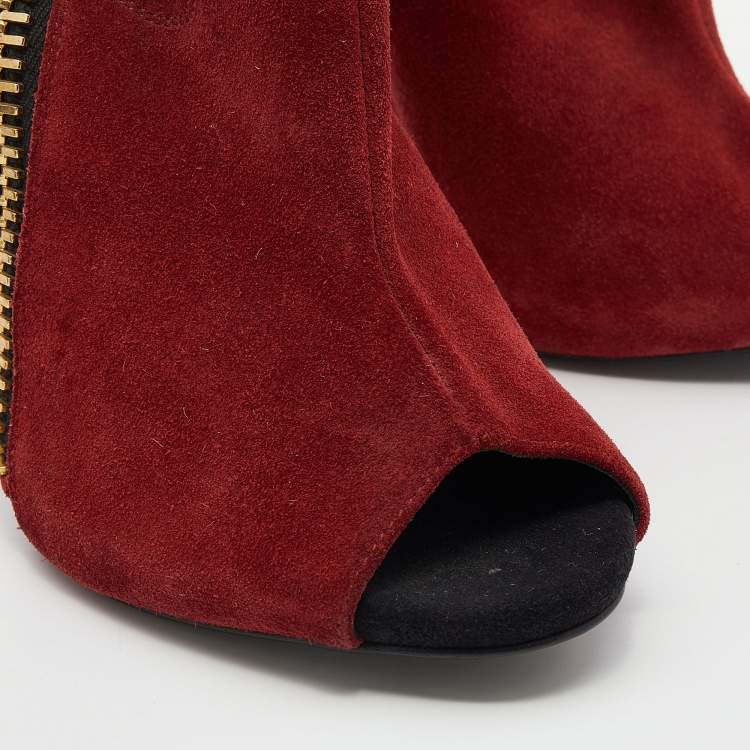 Pre Owned Giuseppe Zanotti Dark Red Suede Alien Peep Toe Cut Out Ankle Boots Size 38