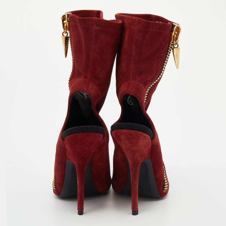 Pre Owned Giuseppe Zanotti Dark Red Suede Alien Peep Toe Cut Out Ankle Boots Size 38