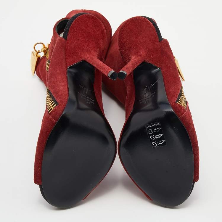 Pre Owned Giuseppe Zanotti Dark Red Suede Alien Peep Toe Cut Out Ankle Boots Size 38