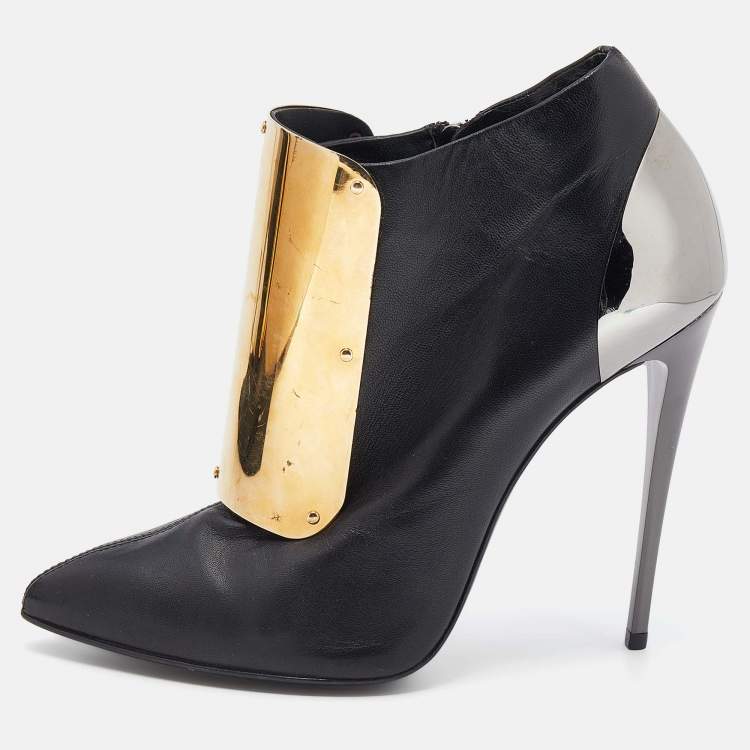 Pre Owned Giuseppe Zanotti Black Leather Velcro Shielded Ankle Booties Size 38