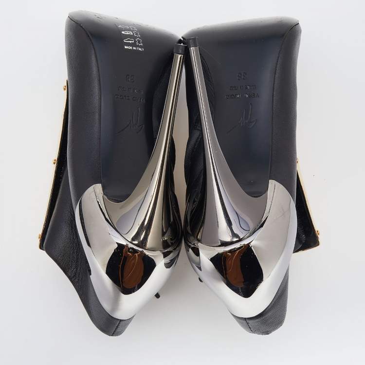 Pre Owned Giuseppe Zanotti Black Leather Velcro Shielded Ankle Booties Size 38