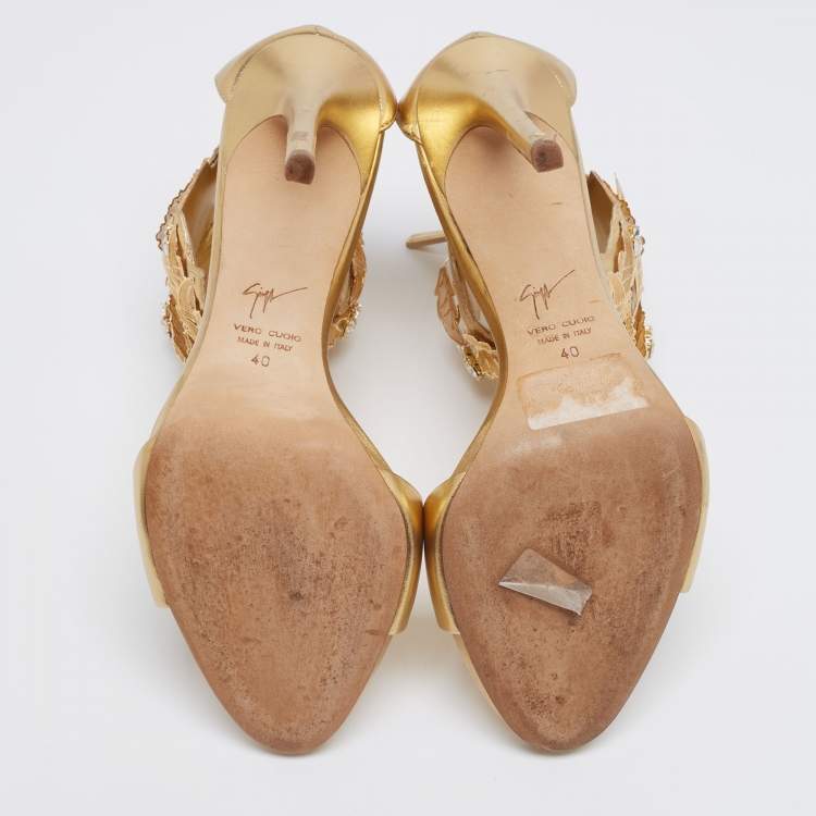 Pre Owned Giuseppe Zanotti Gold Leather Crystal Embellished Leaf Ankle Cuff Sandals Size 40