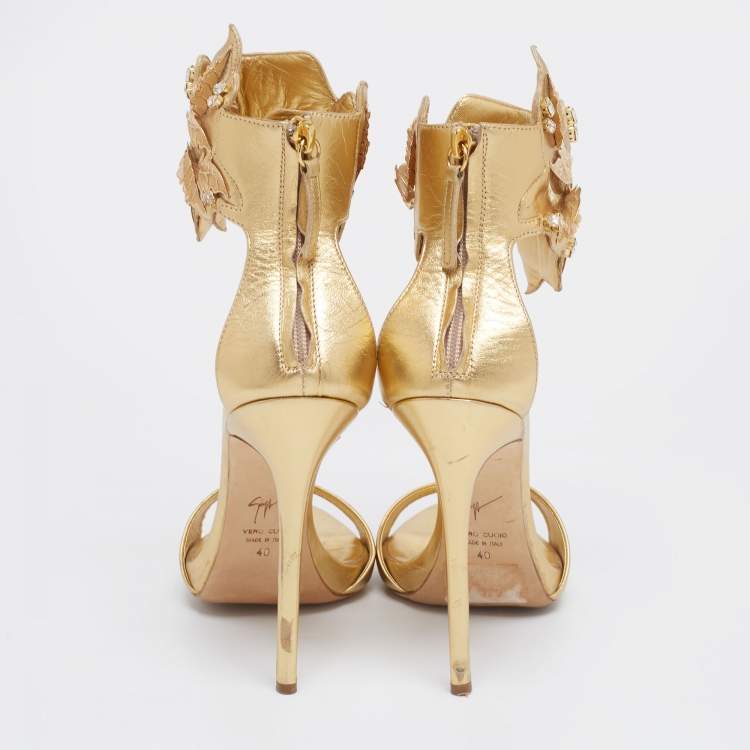 Pre Owned Giuseppe Zanotti Gold Leather Crystal Embellished Leaf Ankle Cuff Sandals Size 40