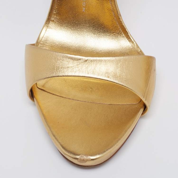Pre Owned Giuseppe Zanotti Gold Leather Crystal Embellished Leaf Ankle Cuff Sandals Size 40