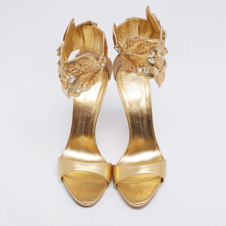 Pre Owned Giuseppe Zanotti Gold Leather Crystal Embellished Leaf Ankle Cuff Sandals Size 40