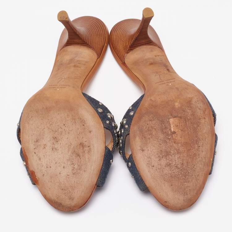 Pre Owned Giuseppe Zanotti Blue Denim and Tan Leather Studded Slide Sandals Size 40 