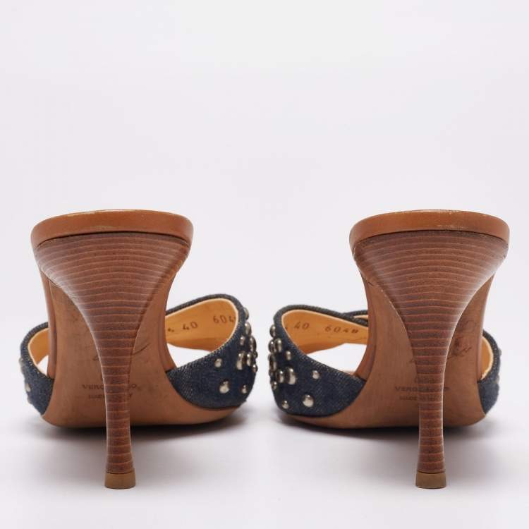 Pre Owned Giuseppe Zanotti Blue Denim and Tan Leather Studded Slide Sandals Size 40 