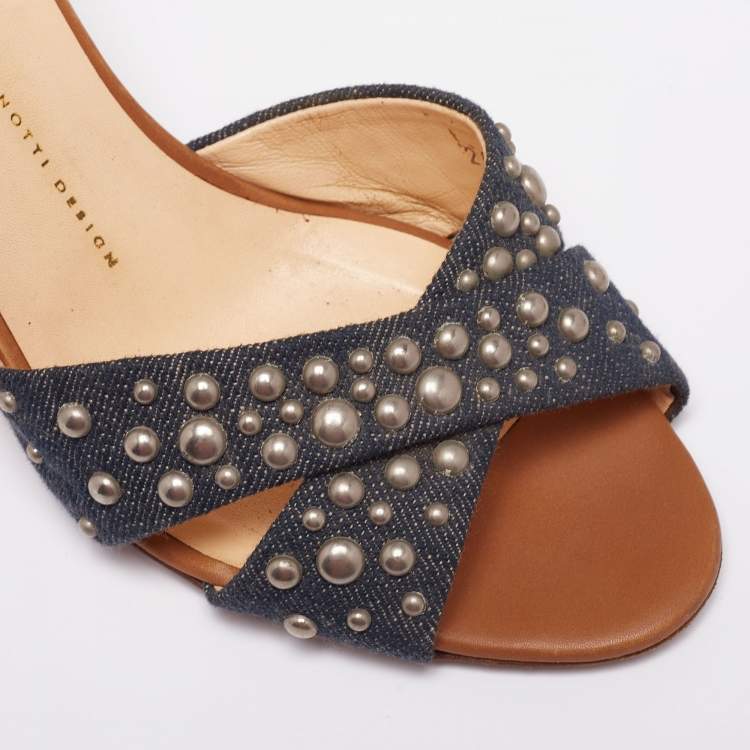 Pre Owned Giuseppe Zanotti Blue Denim and Tan Leather Studded Slide Sandals Size 40 