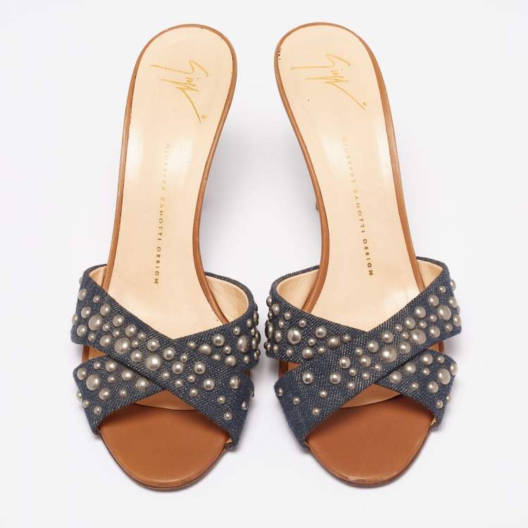 Pre Owned Giuseppe Zanotti Blue Denim and Tan Leather Studded Slide Sandals Size 40 