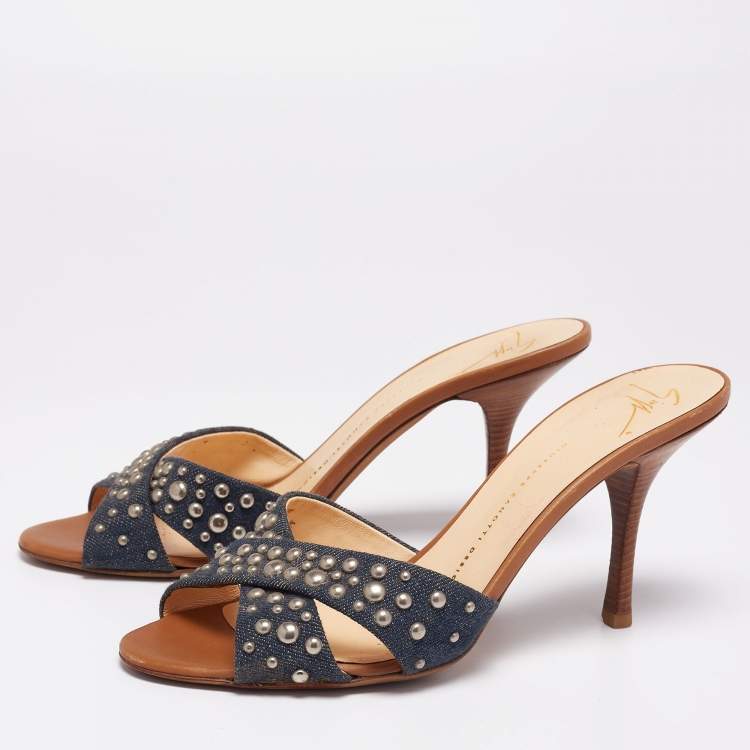 Pre Owned Giuseppe Zanotti Blue Denim and Tan Leather Studded Slide Sandals Size 40 