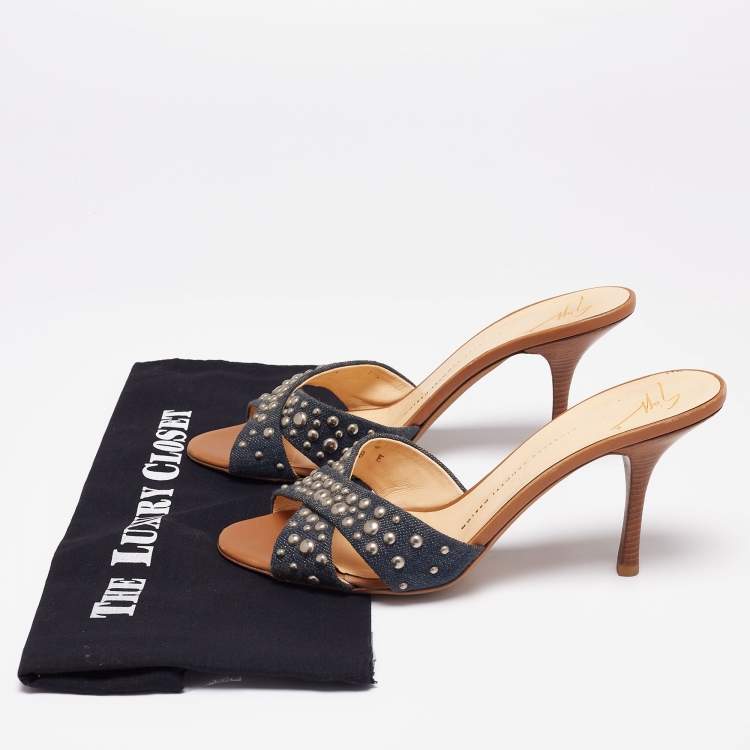 Pre Owned Giuseppe Zanotti Blue Denim and Tan Leather Studded Slide Sandals Size 40 