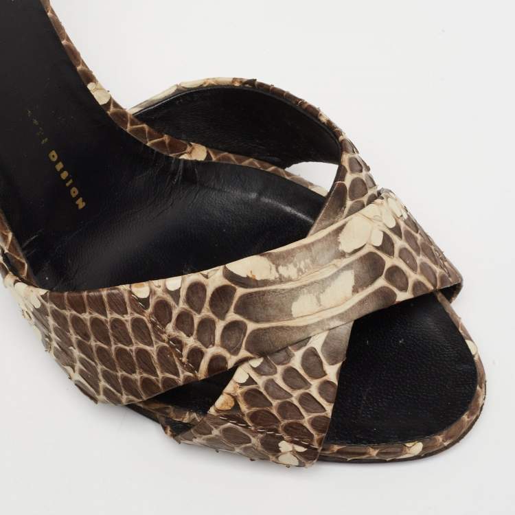 Pre Owned Giuseppe Zanotti Brown/Cream Water Snake Ankle Strap Sandals Size 40