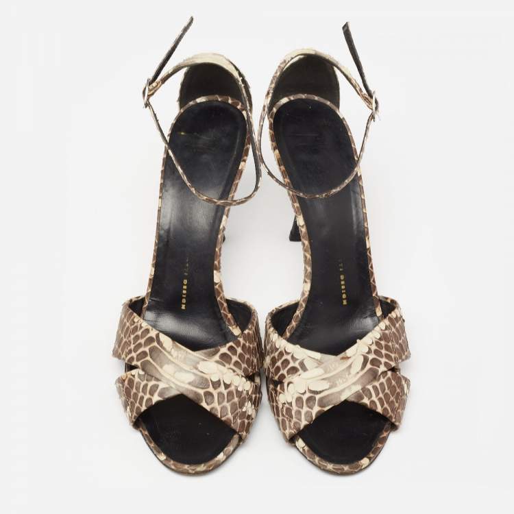 Pre Owned Giuseppe Zanotti Brown/Cream Water Snake Ankle Strap Sandals Size 40