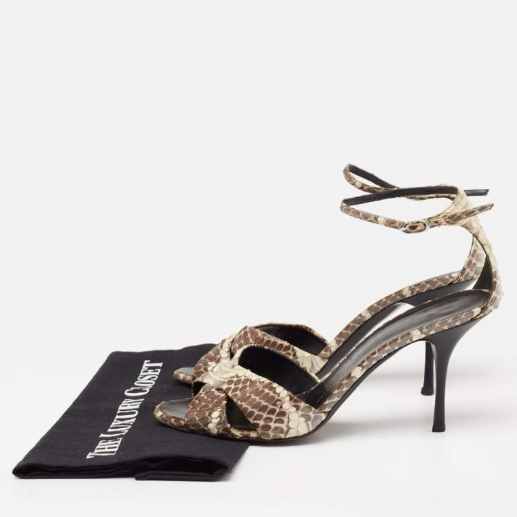 Pre Owned Giuseppe Zanotti Brown/Cream Water Snake Ankle Strap Sandals Size 40