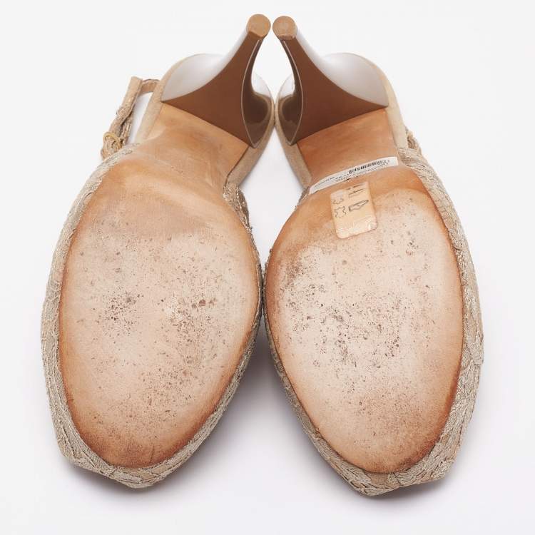 Pre Owned Giuseppe Zanotti Beige Lace Peep-Toe Slingback Sandals Size 40.5