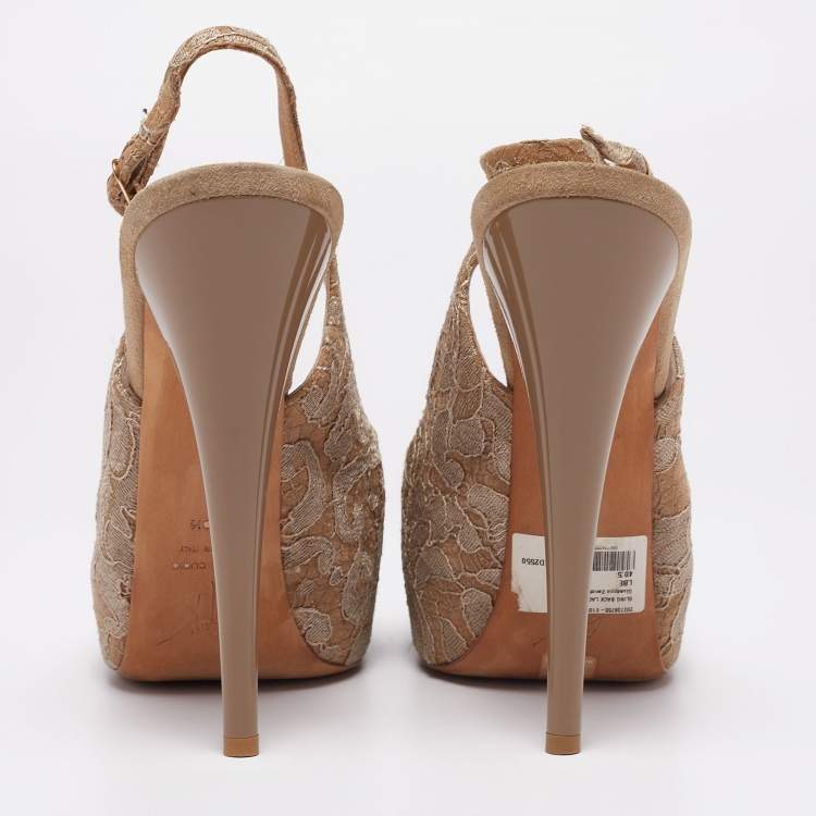 Pre Owned Giuseppe Zanotti Beige Lace Peep-Toe Slingback Sandals Size 40.5