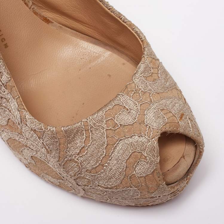 Pre Owned Giuseppe Zanotti Beige Lace Peep-Toe Slingback Sandals Size 40.5