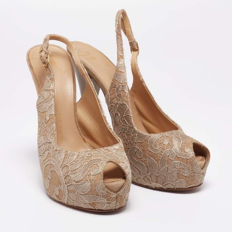 Pre Owned Giuseppe Zanotti Beige Lace Peep-Toe Slingback Sandals Size 40.5