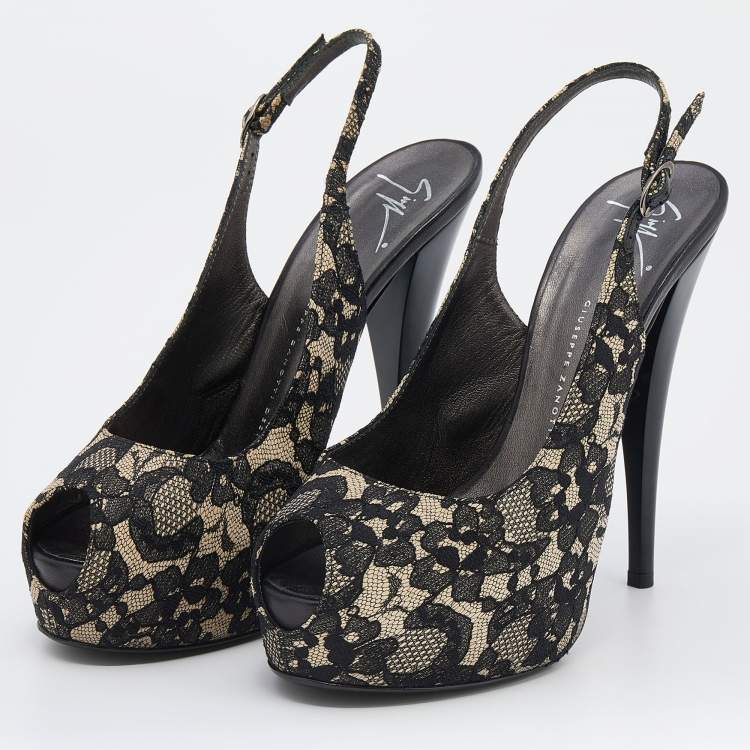Pre Owned Giuseppe Zanotti Black Lace Peep Toe Slingback Platform Sandals Size 38.5