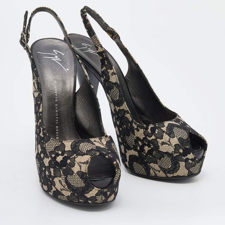 Pre Owned Giuseppe Zanotti Black Lace Peep Toe Slingback Platform Sandals Size 38.5