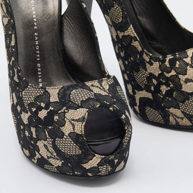 Pre Owned Giuseppe Zanotti Black Lace Peep Toe Slingback Platform Sandals Size 38.5