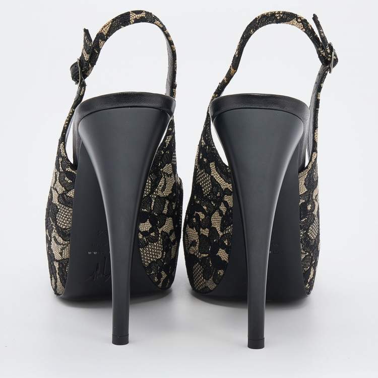 Pre Owned Giuseppe Zanotti Black Lace Peep Toe Slingback Platform Sandals Size 38.5