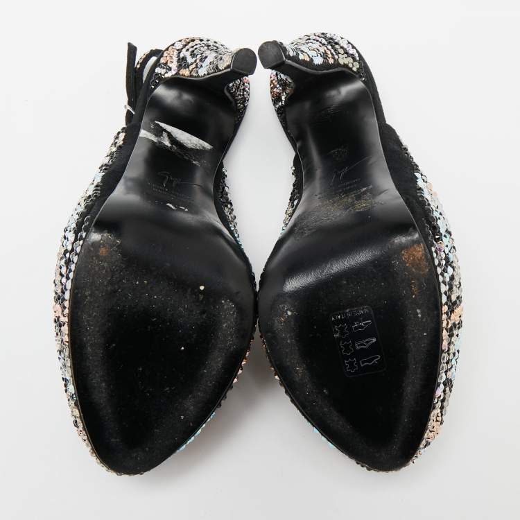 Pre Owned Giuseppe Zanotti Black Suede Crystal Embellished Slingback Platform Sandals Size 37