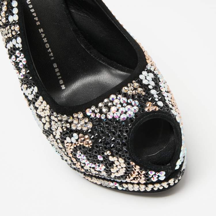Pre Owned Giuseppe Zanotti Black Suede Crystal Embellished Slingback Platform Sandals Size 37