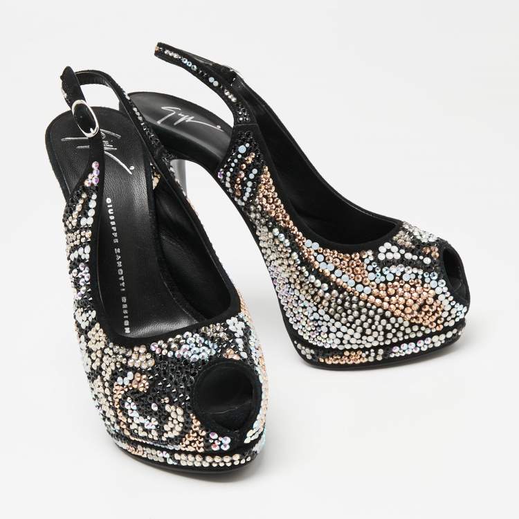 Pre Owned Giuseppe Zanotti Black Suede Crystal Embellished Slingback Platform Sandals Size 37