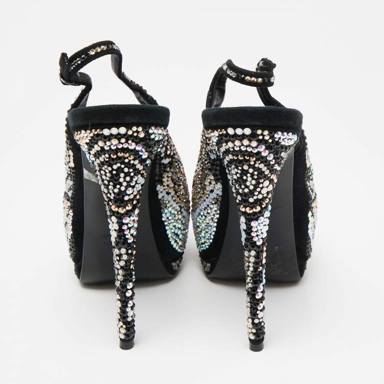 Pre Owned Giuseppe Zanotti Black Suede Crystal Embellished Slingback Platform Sandals Size 37