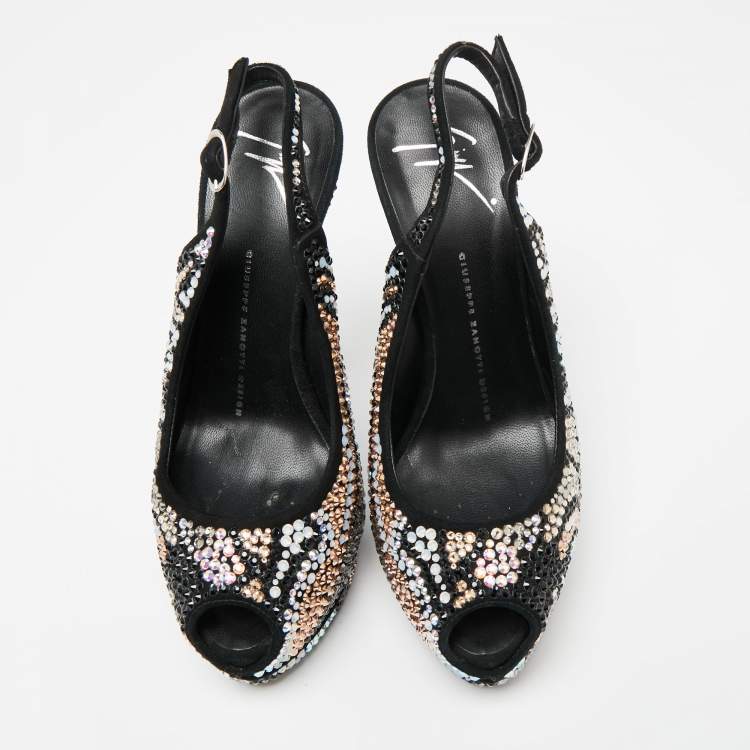 Pre Owned Giuseppe Zanotti Black Suede Crystal Embellished Slingback Platform Sandals Size 37