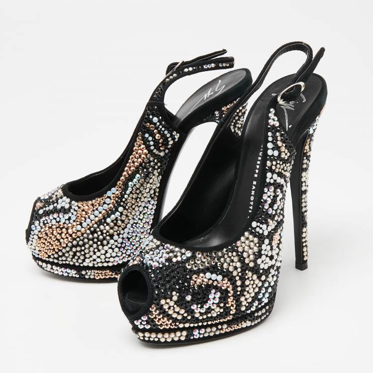 GIUSEPPE ZANOTTI 黒 クリスタルフラワー パンプス 37 難あり GIUSEPPE ZANOTTI(ジュゼッペ・ザノッティ) Crystal Embellished