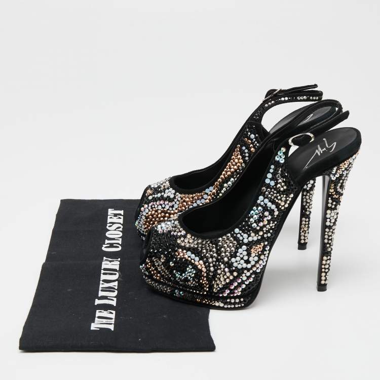 Pre Owned Giuseppe Zanotti Black Suede Crystal Embellished Slingback Platform Sandals Size 37