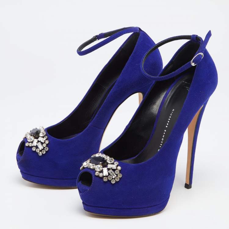 Pre Owned Giuseppe Zanotti Blue Suede Crystal Embellished Ankle Strap Peep Toe Platform Pumps Size 37