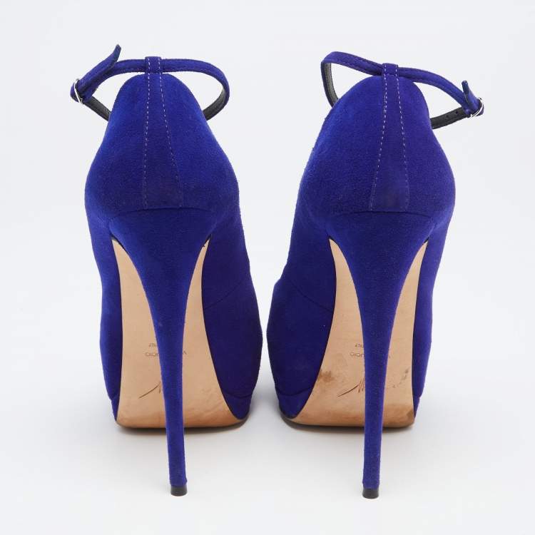 Pre Owned Giuseppe Zanotti Blue Suede Crystal Embellished Ankle Strap Peep Toe Platform Pumps Size 37