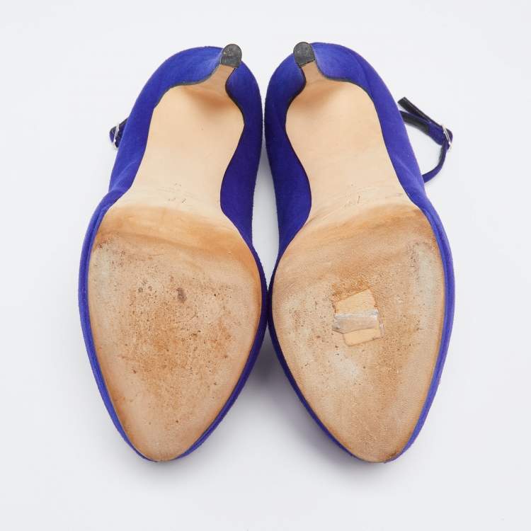 Pre Owned Giuseppe Zanotti Blue Suede Crystal Embellished Ankle Strap Peep Toe Platform Pumps Size 37