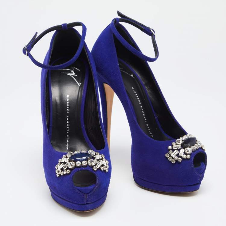 Pre Owned Giuseppe Zanotti Blue Suede Crystal Embellished Ankle Strap Peep Toe Platform Pumps Size 37