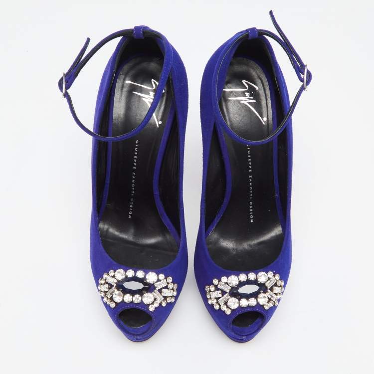 Pre Owned Giuseppe Zanotti Blue Suede Crystal Embellished Ankle Strap Peep Toe Platform Pumps Size 37