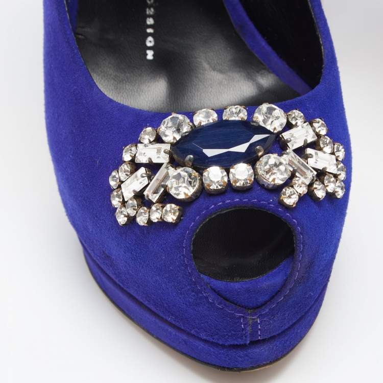 Pre Owned Giuseppe Zanotti Blue Suede Crystal Embellished Ankle Strap Peep Toe Platform Pumps Size 37