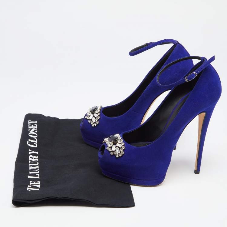 Pre Owned Giuseppe Zanotti Blue Suede Crystal Embellished Ankle Strap Peep Toe Platform Pumps Size 37