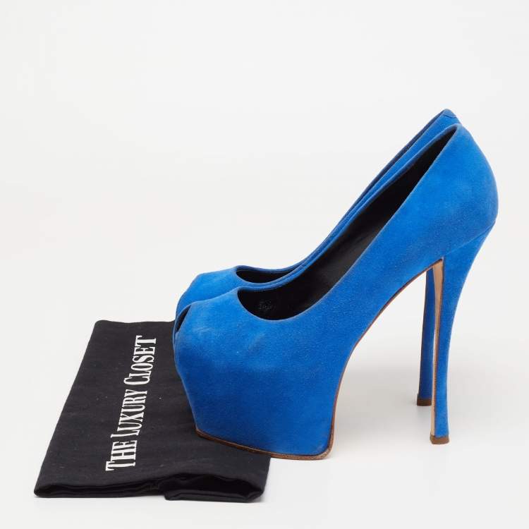 Pre Owned  Giuseppe Zanotti Blue Suede  Sharon Peep Toe Platform Pumps Size 36.5