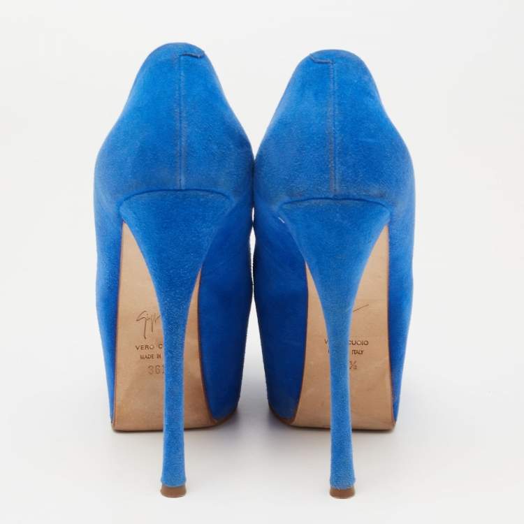 Pre Owned  Giuseppe Zanotti Blue Suede  Sharon Peep Toe Platform Pumps Size 36.5
