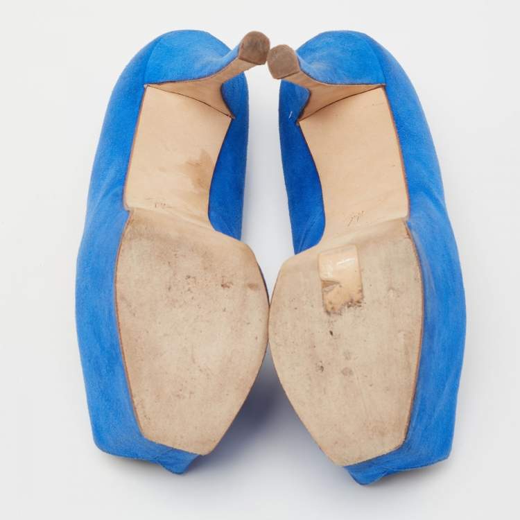 Pre Owned  Giuseppe Zanotti Blue Suede  Sharon Peep Toe Platform Pumps Size 36.5