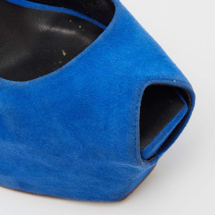 Pre Owned  Giuseppe Zanotti Blue Suede  Sharon Peep Toe Platform Pumps Size 36.5