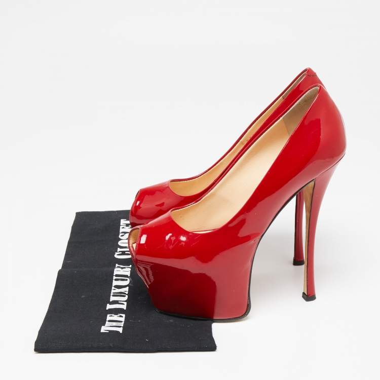 Pre Owned Giuseppe Zanotti Red Patent Leather Liza Peep-Toe Platform Pumps Size 36