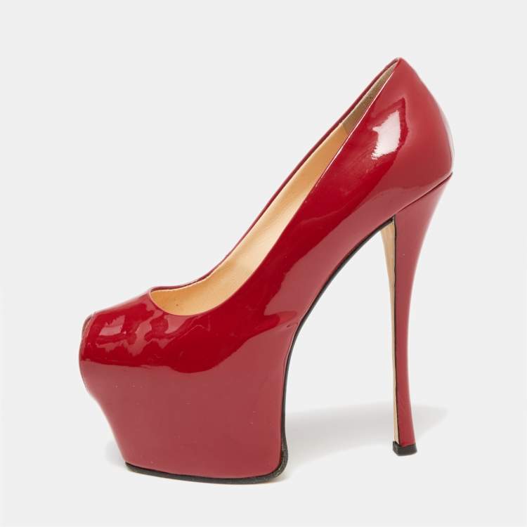 Pre Owned Giuseppe Zanotti Red Patent Leather Liza Peep-Toe Platform Pumps Size 36